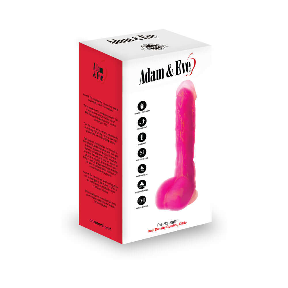 Adam & Eve The Squiggler Dual Density Gyrating Dildo packaging showcasing vibrant design and key features.