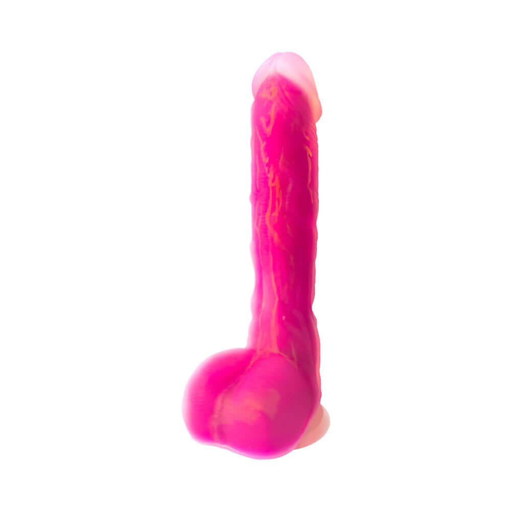 Adam & Eve The Squiggler Dual Density Gyrating Dildo showcasing a vibrant pink design and realistic detail.