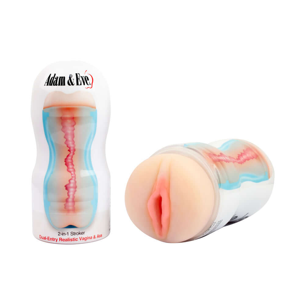 Adam & Eve 2-in-1 Dual Entry Stroker showing dual-entry realistic vaginal and anal openings.