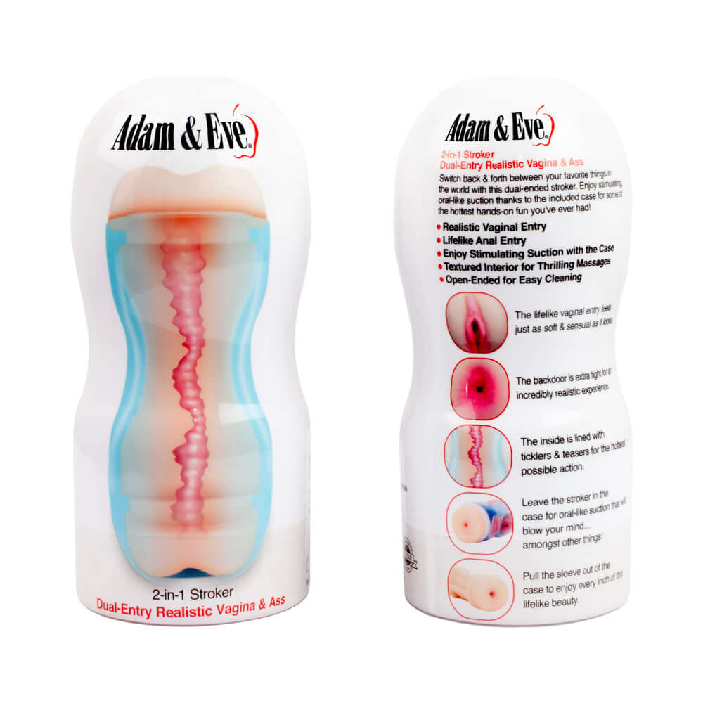 Adam & Eve 2-in-1 Dual Entry Stroker with realistic vagina and anal openings, designed for versatile sensations.