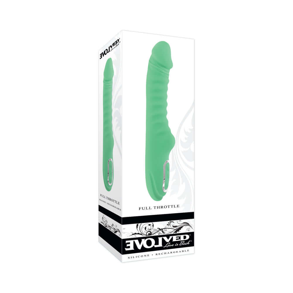 Evolved Full Throttle Warming Vibrator Silicone Mint Green packaging with curved shaft design.