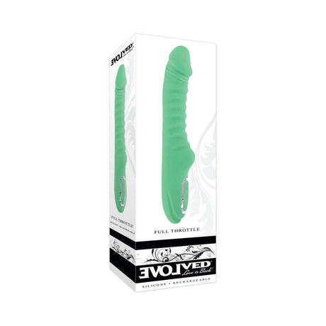 Evolved Full Throttle Warming Vibrator Silicone Mint Green packaging with curved shaft design.