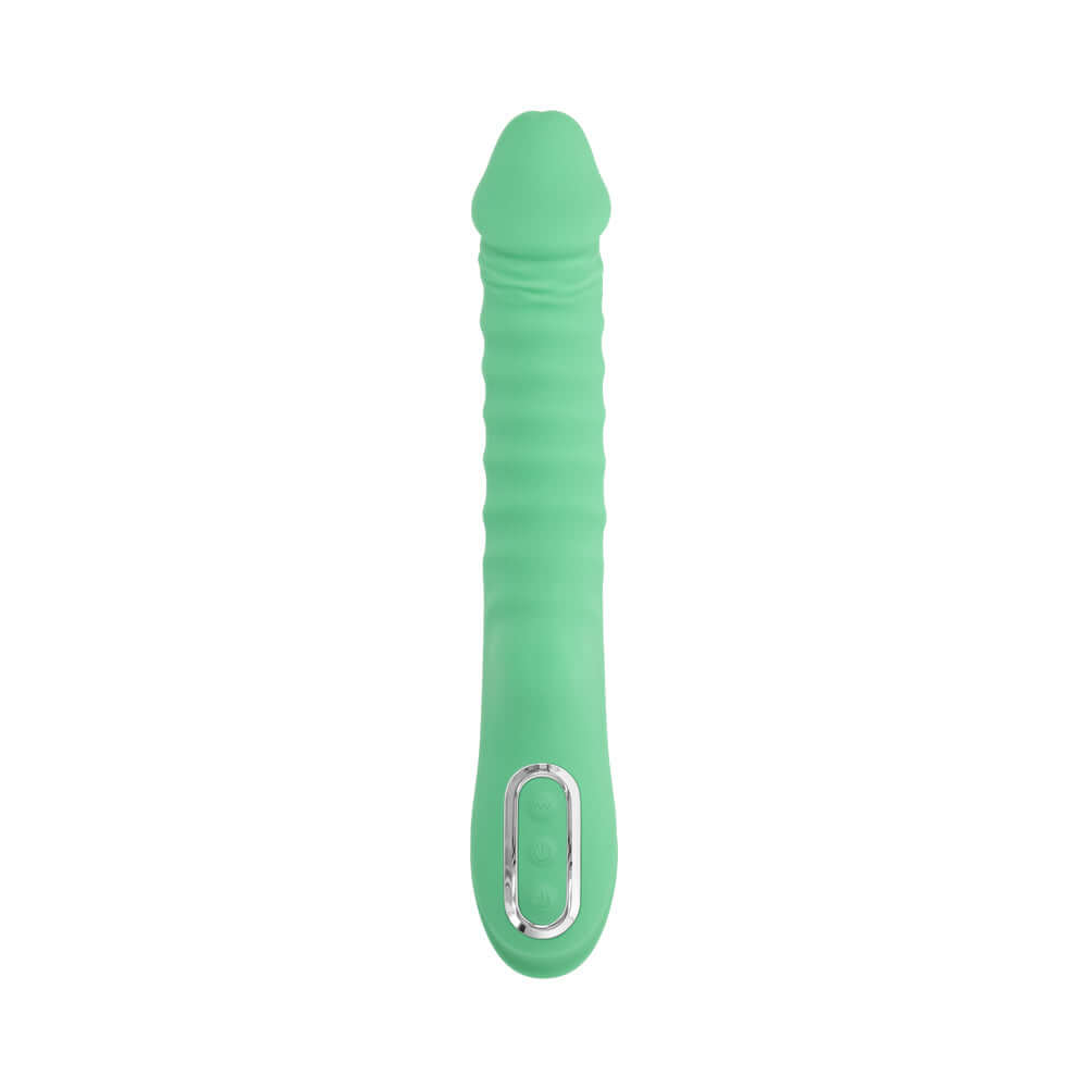 Evolved Full Throttle Warming Vibrator Silicone Mint Green with ribbed shaft and warming feature for pleasure.