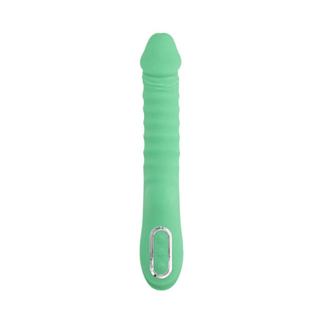 Evolved Full Throttle Warming Vibrator Silicone Mint Green with ribbed shaft and warming feature for pleasure.