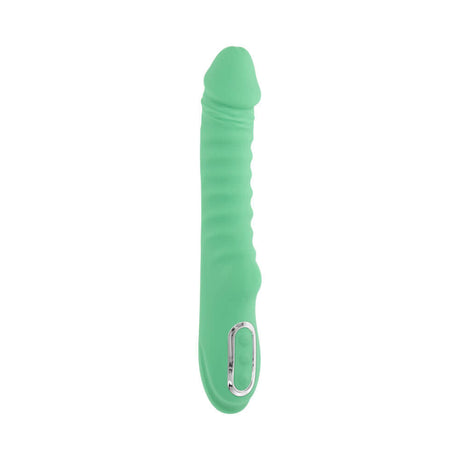 Evolved Full Throttle Warming Vibrator Silicone Mint Green with ribbed shaft and warming sensation for pleasure.