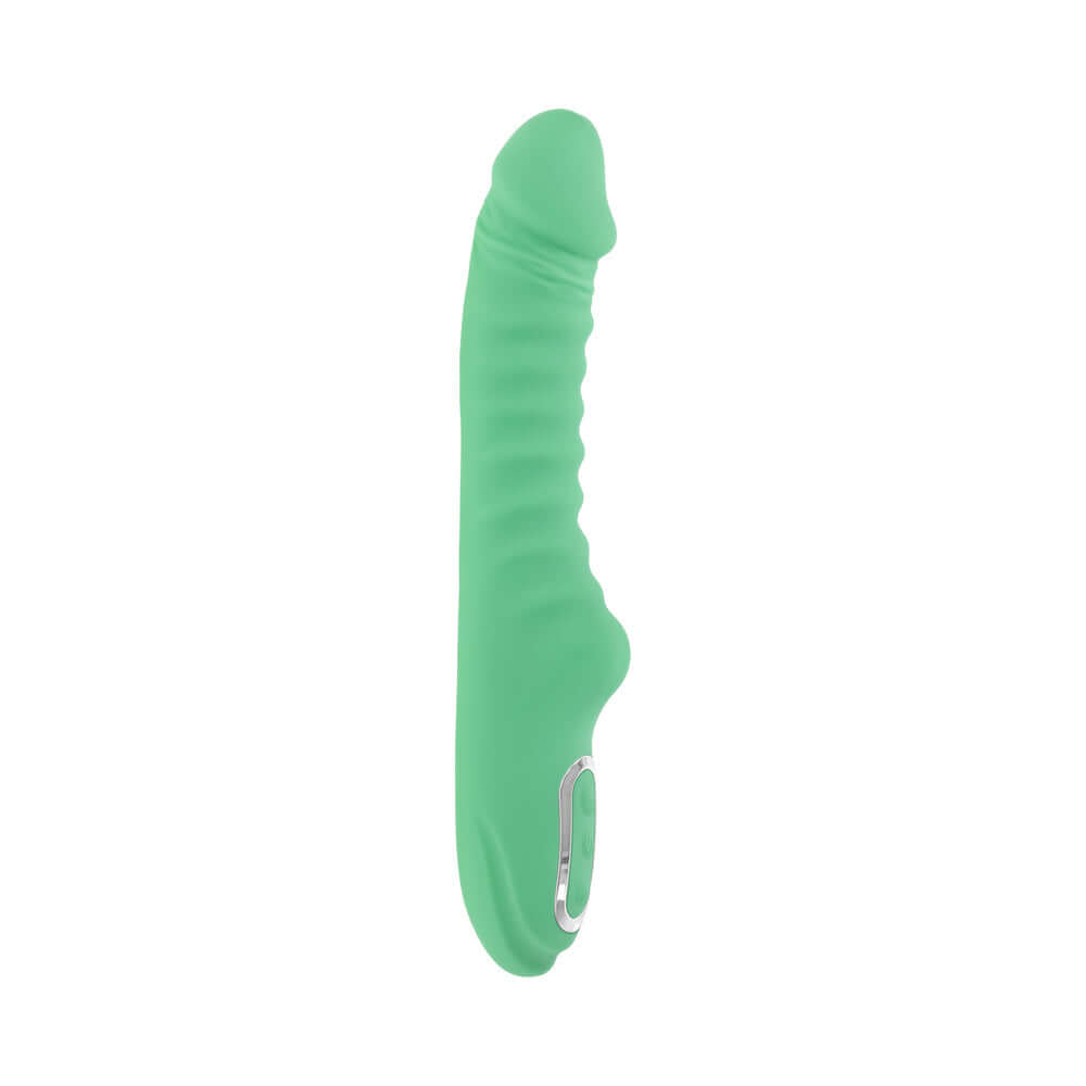 Evolved Full Throttle Warming Vibrator Silicone Mint Green with curved ribbed shaft for deep vibration and warming sensations.
