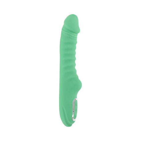 Evolved Full Throttle Warming Vibrator Silicone Mint Green with curved ribbed shaft for deep vibration and warming sensations.