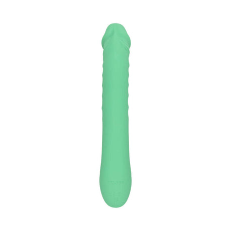 Evolved Full Throttle Warming Vibrator Silicone Mint Green with a ribbed shaft and gently curved design.