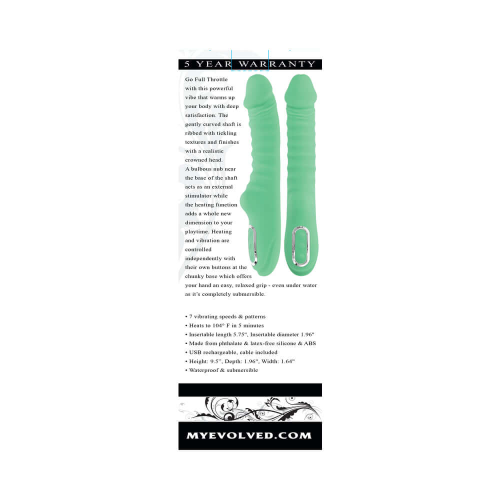 Evolved Full Throttle Warming Vibrator Silicone Mint Green with dual-action features and a ribbed shaft for intense pleasure.