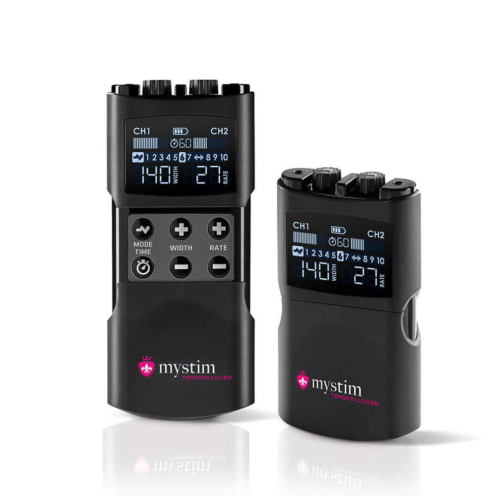 Mystim Tension Lover 2 stimulation device controls and display panel showcasing various settings.