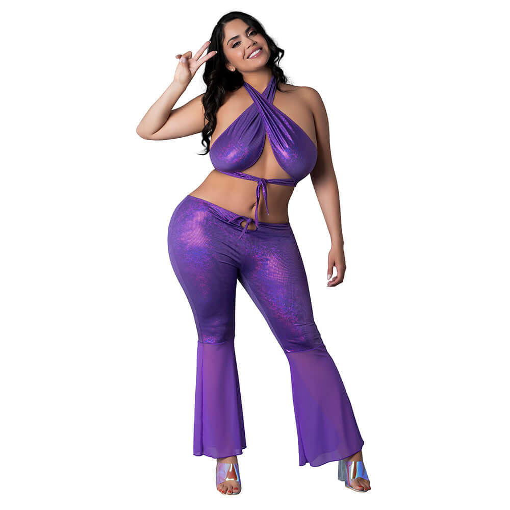 Magic Silk Glimmer Wrap Halter & Flair Pant Set Purple Disco Queen Size