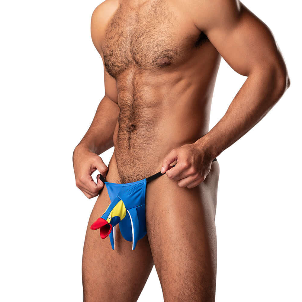 Male Power Novelty Blue Swallow Blue OS novelty underwear on a model showcasing its playful design.