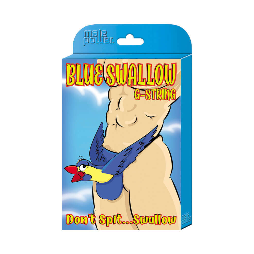 Male Power Novelty Blue Swallow Blue OS packaging featuring a humorous design and cheeky messaging.