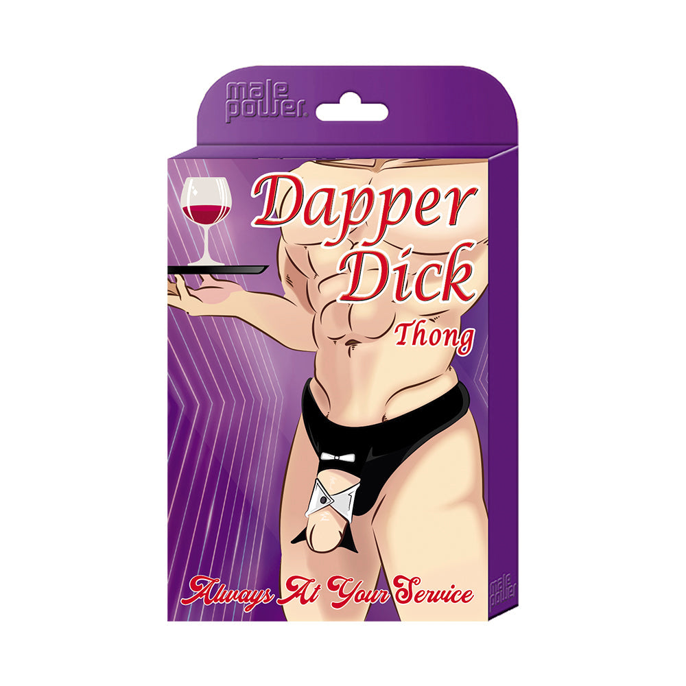 Male Power Novelty Dapper Dick Black OS packaging featuring a humorous thong design for entertaining occasions.