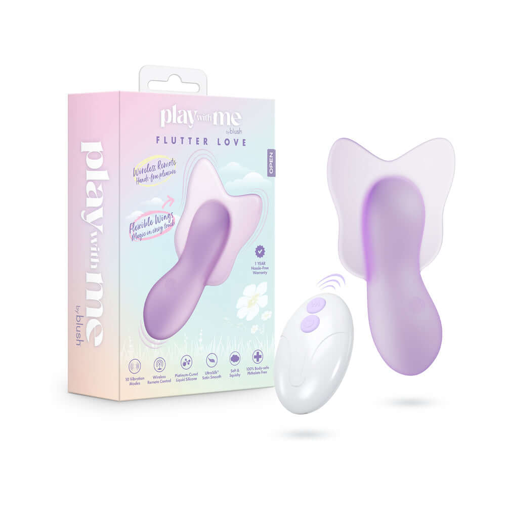 Play With Me Flutter Love Massager Purple with remote, showcasing its whimsical design and packaging.