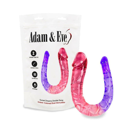 Adam and Eve Sunset Dreams Double Dong with ombre coloring in packaging for couples' pleasure.