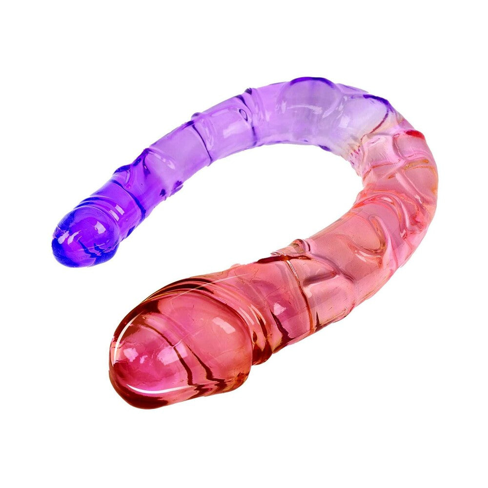Adam and Eve Sunset Dreams Double Dong in vibrant pink and purple for couples and solo pleasure.