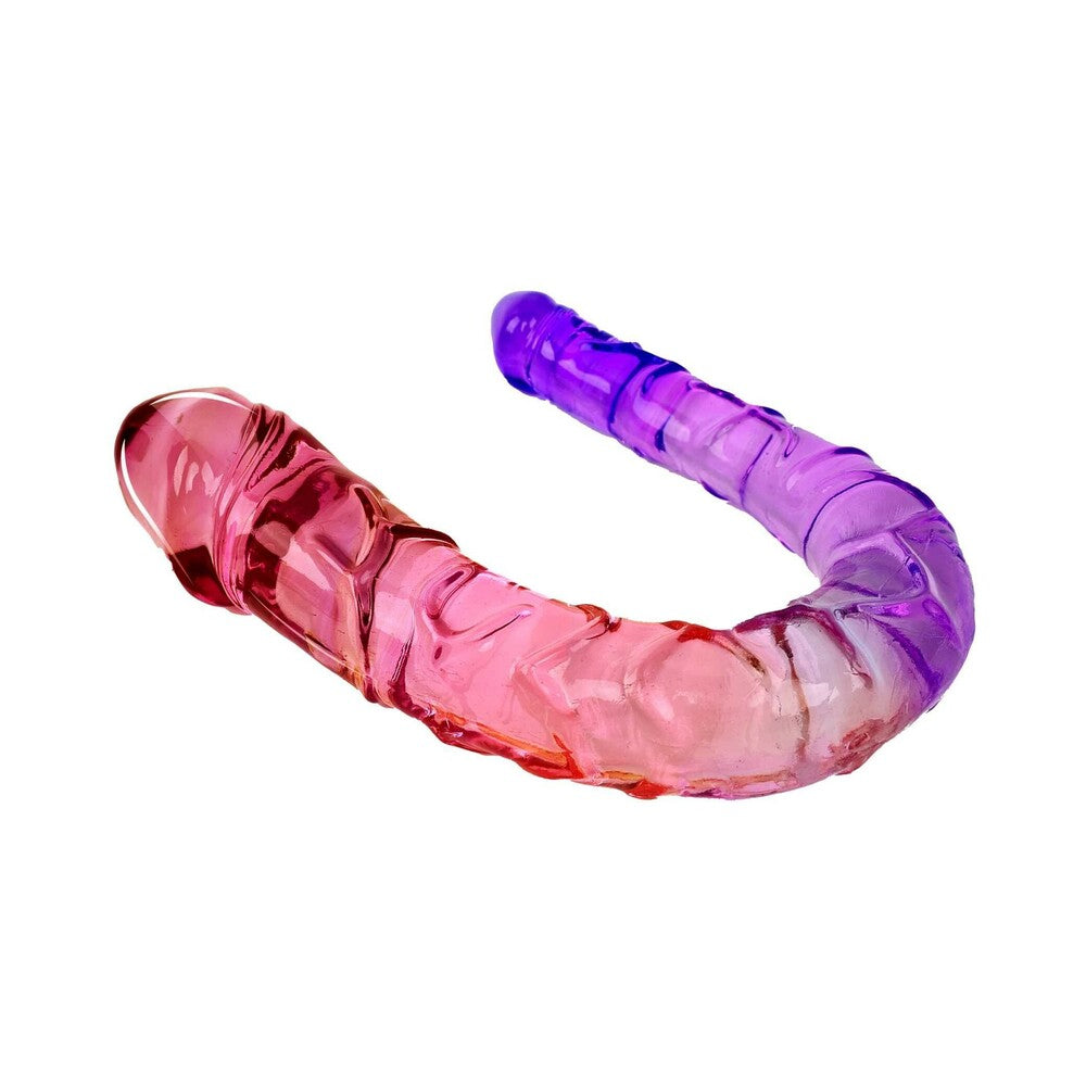 Adam and Eve Sunset Dreams Double Dong in pink and purple, flexible for couples or solo play.