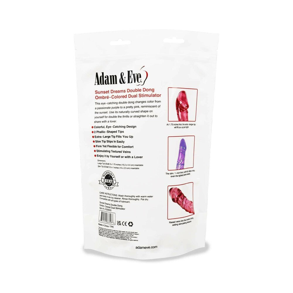 Adam and Eve Sunset Dreams Double Dong packaging showcasing features and ombre design.