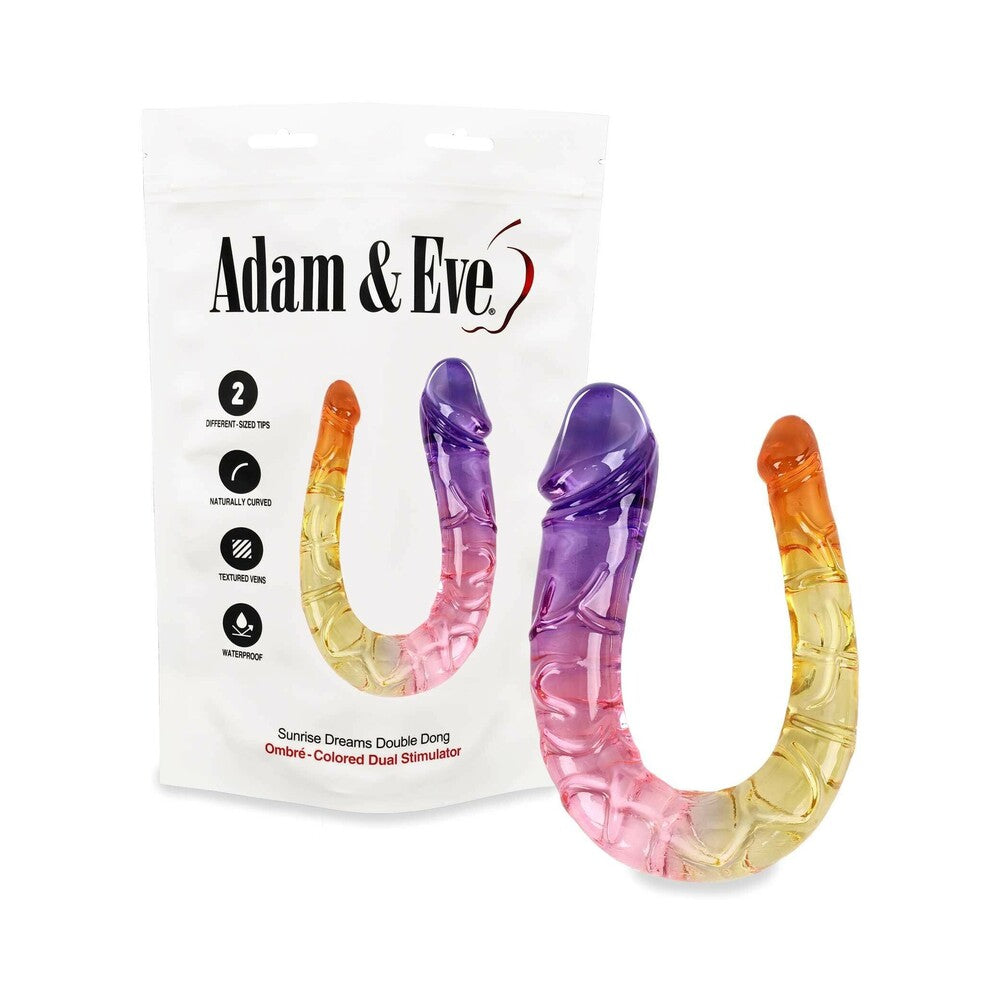 Adam and Eve Sunrise Dreams Double Dong in ombre colors of purple, orange, pink, and yellow for intimate pleasure.