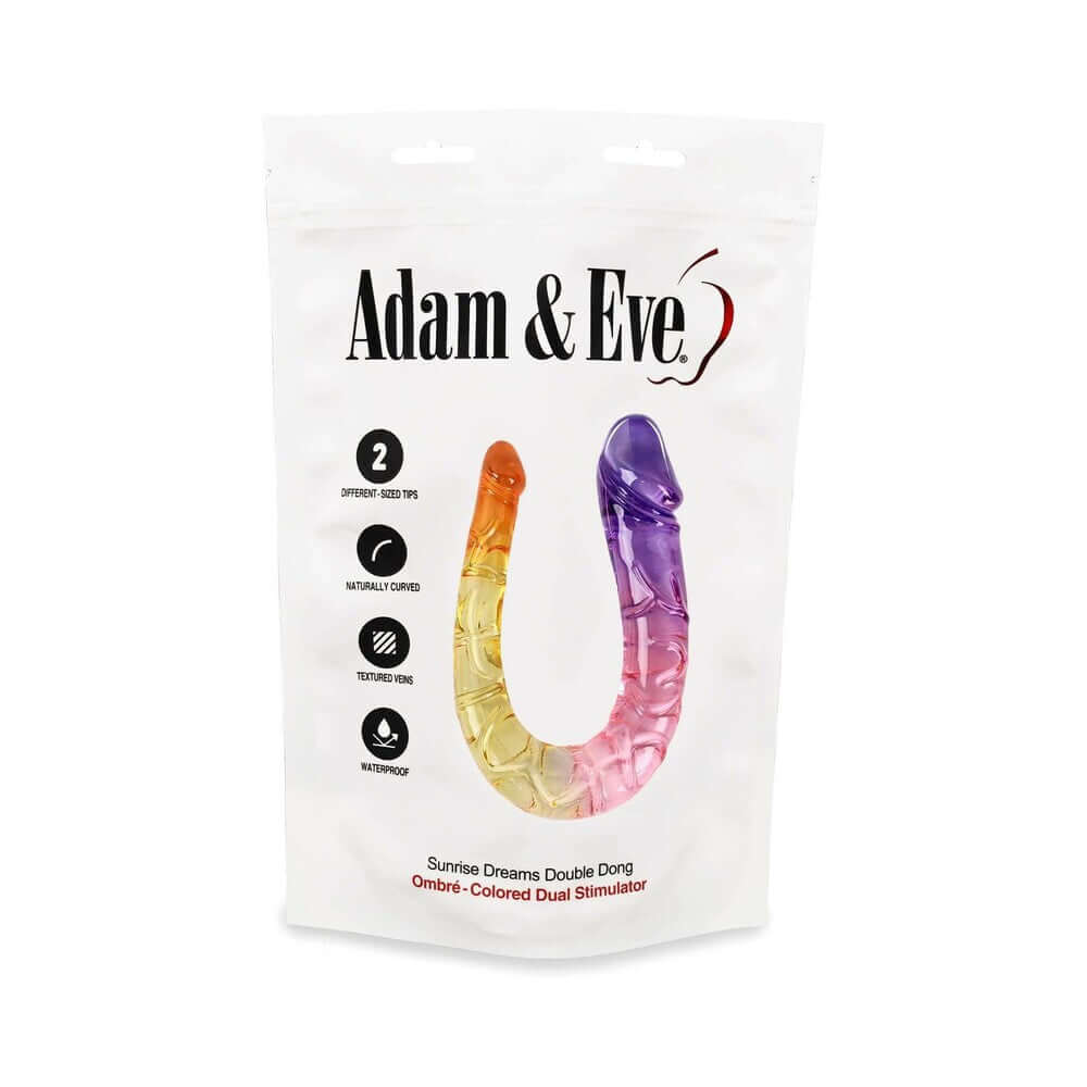 Adam and Eve Sunrise Dreams Double Dong packaging with ombre colors and dual stimulation features.