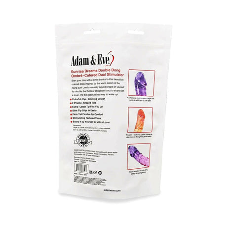 Adam and Eve Sunrise Dreams Double Dong ombre-colored dual stimulator package with product details.