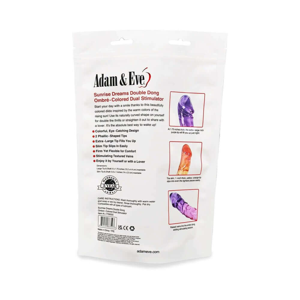 Adam and Eve Sunrise Dreams Double Dong ombre-colored dual stimulator package with product details.