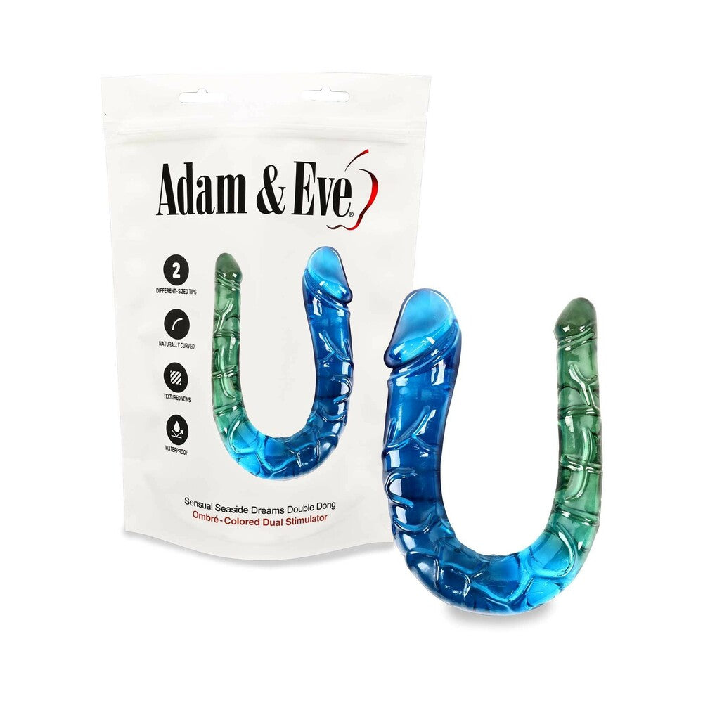 Adam and Eve Sensual Seaside Dreams Double Dong in blue and green packaging with dual phallic ends for double stimulation.