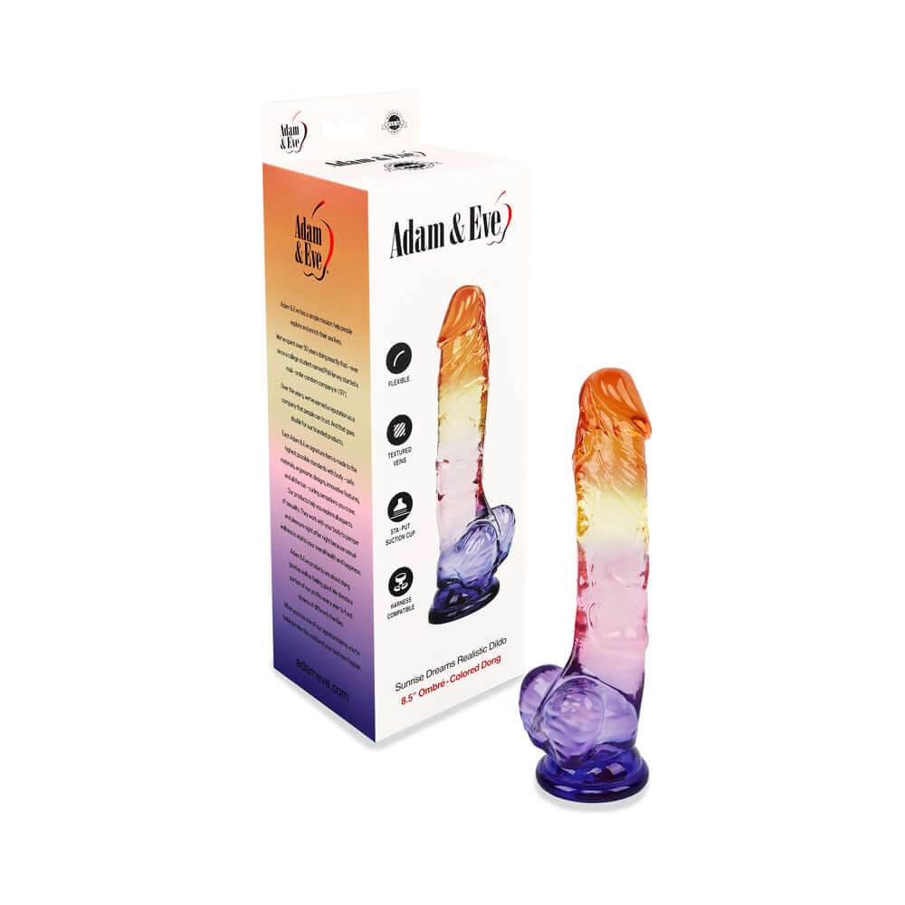 Adam and Eve Sunrise Dreams Realistic Dildo 8.5 inches in colorful packaging with a vibrant design.