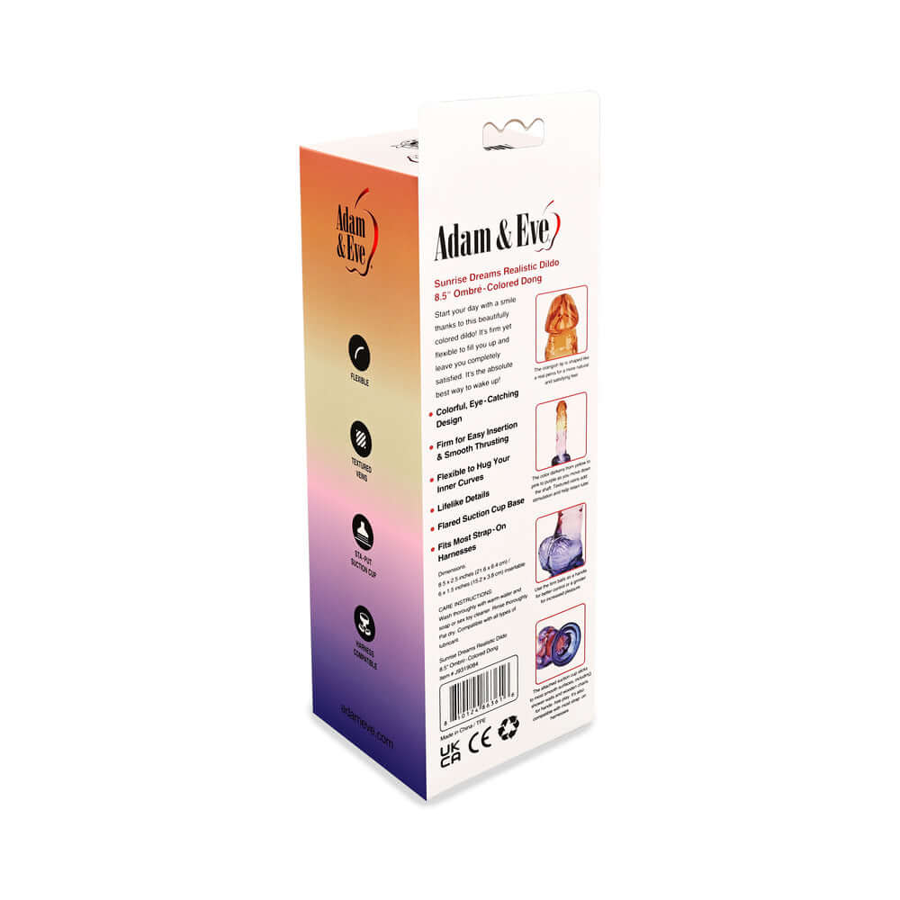 Packaging of Adam and Eve Sunrise Dreams Realistic Dildo 8.5 inches with product information and vibrant colors.