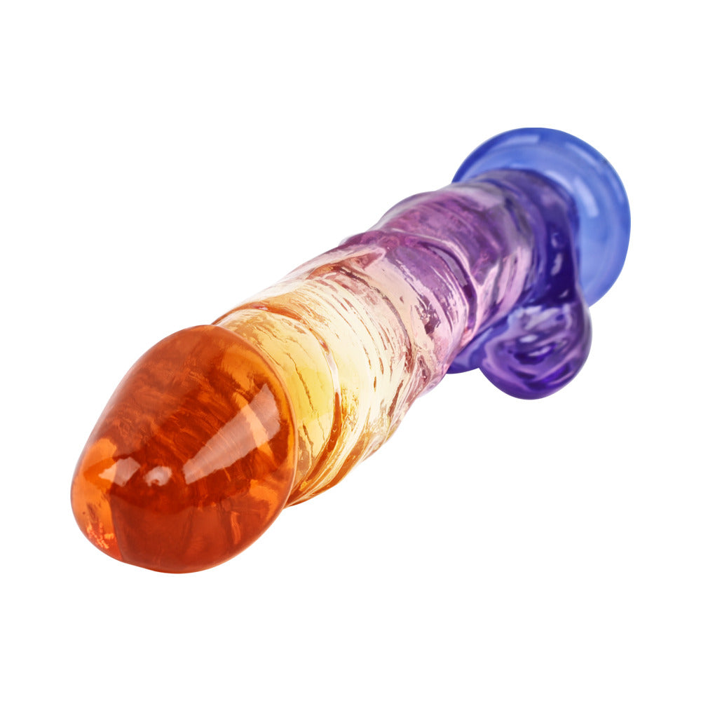 Adam and Eve Sunrise Dreams Realistic Dildo 9.5 inches in vibrant hues of orange, yellow, and purple, showcasing a lifelike design.