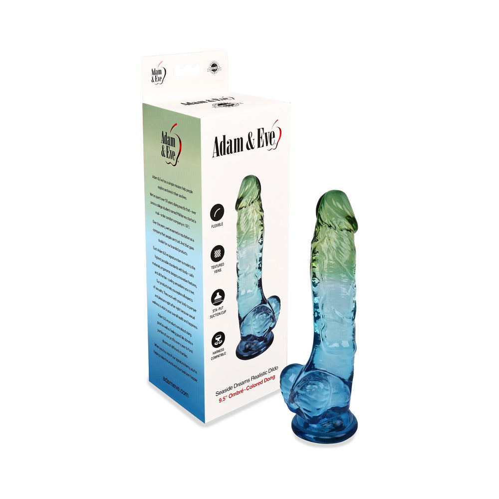 Adam and Eve Seaside Dreams Realistic Dildo 9.5 inches in colorful packaging and ocean-inspired design.