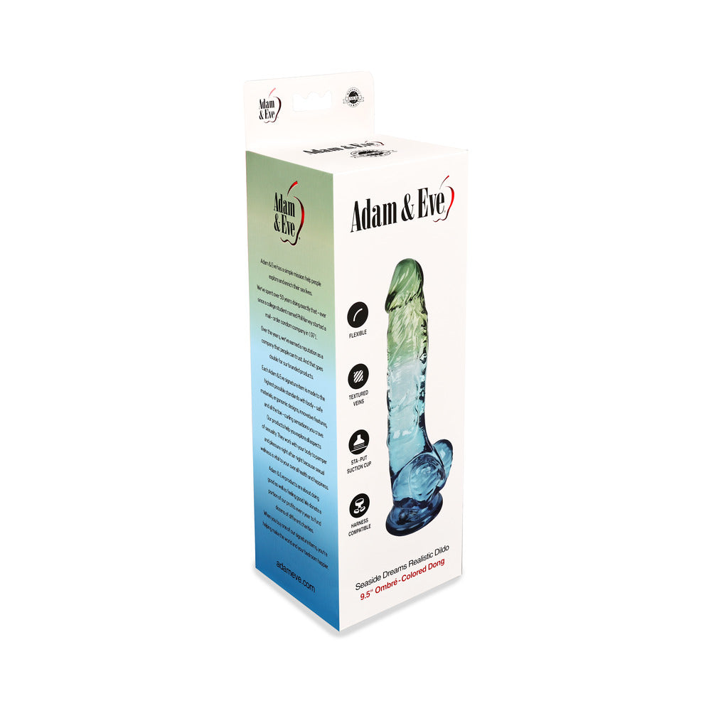 Adam and Eve Seaside Dreams Realistic Dildo 9.5 inches packaging featuring ocean-inspired design and features.