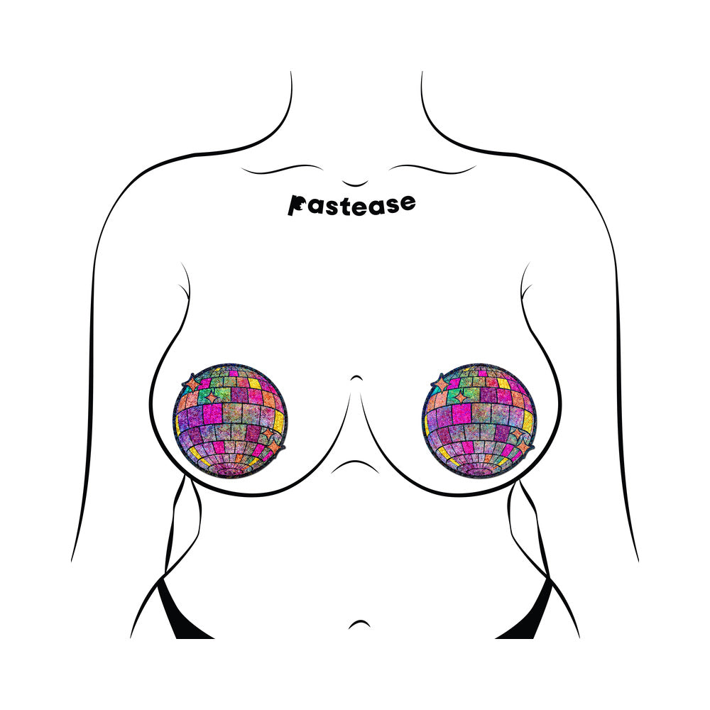 Pastease Disco Ball Nipple Covers Shimmering Glitter Pasties illustrated on a white silhouette with colorful sparkly design.