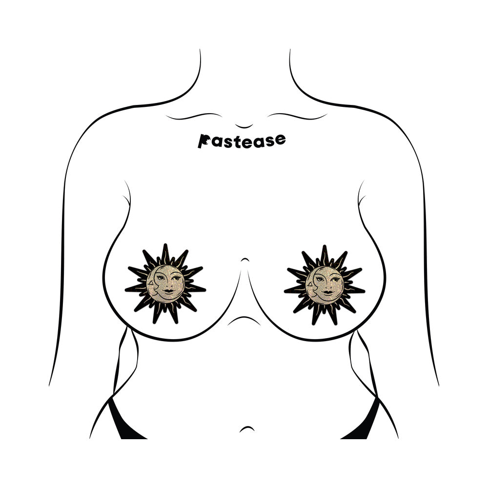 Pastease Sunburst Sun & Moon Gold Glitter Nipple Pasties featuring gold glitter sun and moon designs.