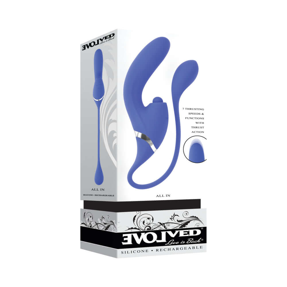 Evolved All In Rechargeable Dual Vibrating Tapping Vibe Blue packaging showcasing its unique design and features.