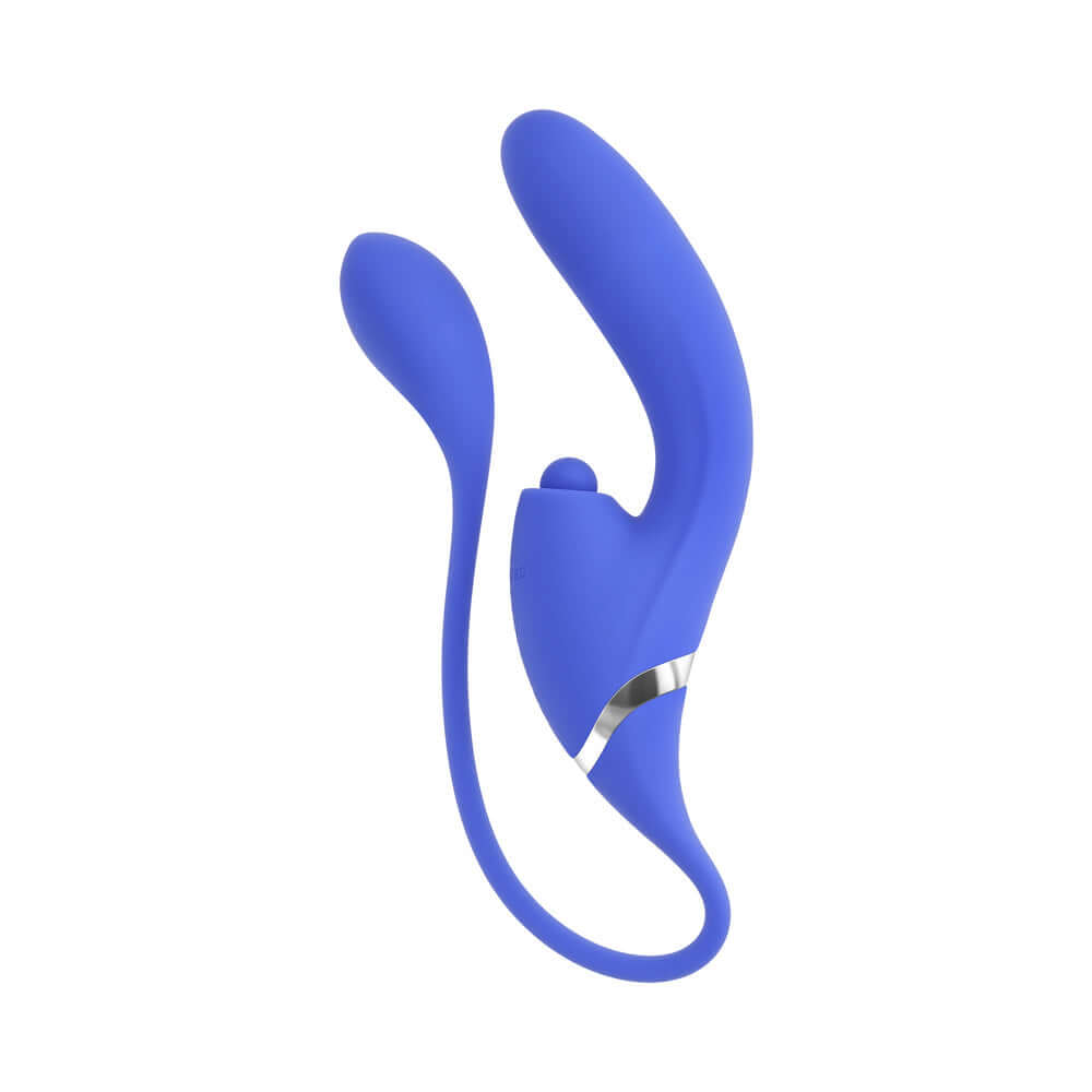 Evolved All In Rechargeable Dual Vibrating Tapping Vibe Blue showing its curved design and ergonomic plug.
