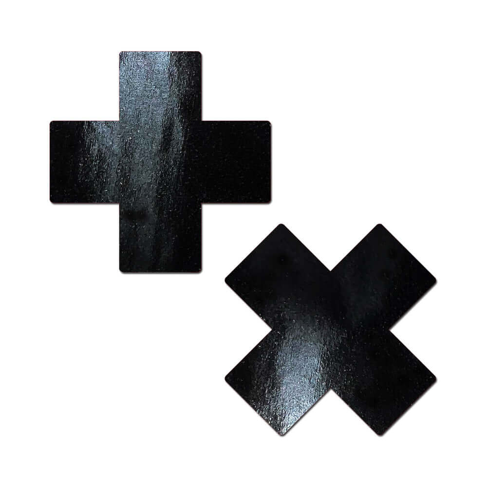 Pastease Plus X Faux Latex Pleather Vinyl Black Cross Pasties in a sleek black finish.