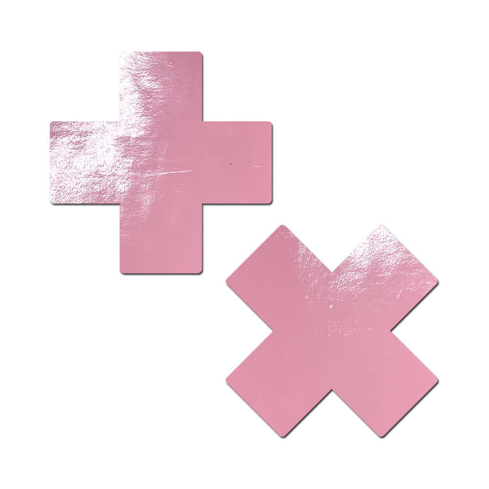 Pastease Plus X Faux Latex Pleather Vinyl Baby Pink Cross Pasties in shiny baby pink color.