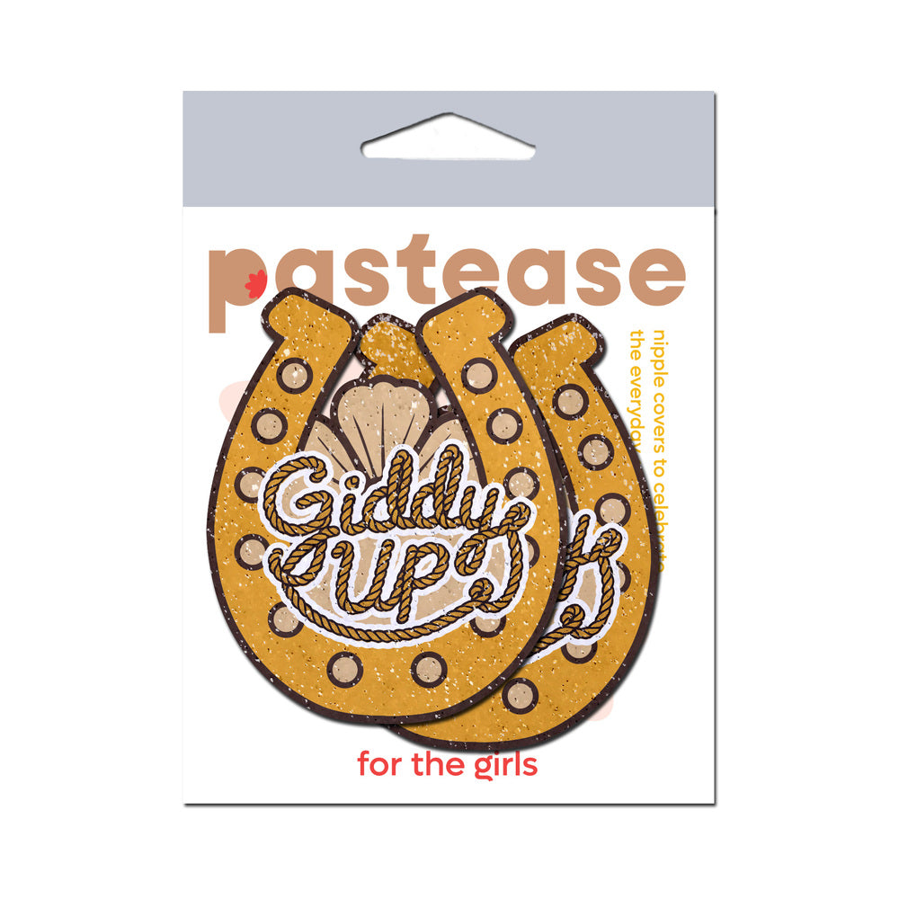Pastease Giddy Up Sparkling Horseshoe Golden Nipple Covers with rope lettering and golden finish on packaging.