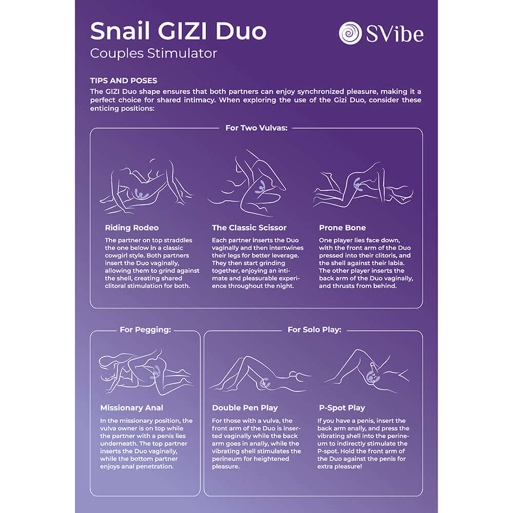 Tips and poses for SVibe Snail GIZI Duo Couples Stimulator Burgundy to enhance partnered intimacy.