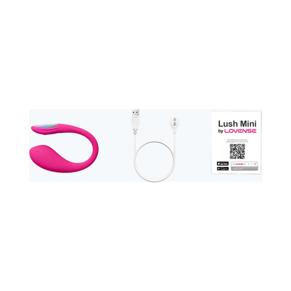 Lovense Lush Mini G-spot Egg Vibrator in pink with USB charging cable and packaging.