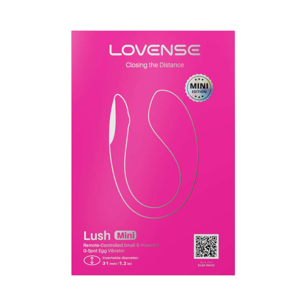 Lovense Lush Mini G-spot Egg Vibrator packaging showcasing remote control features and compact design.