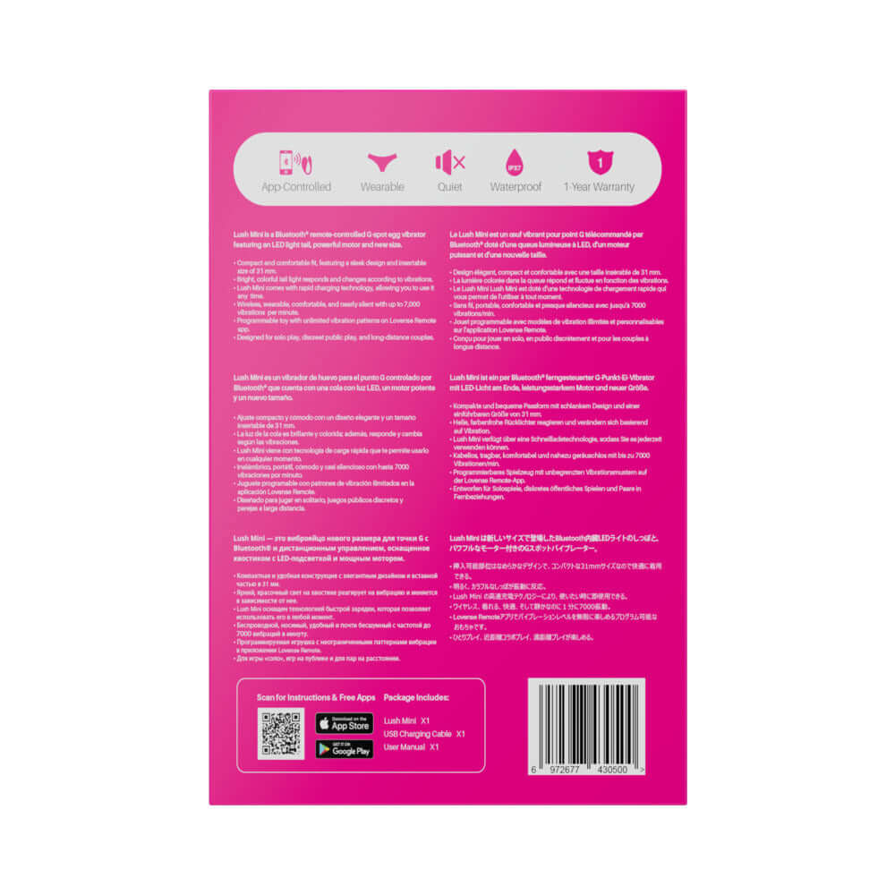 Back packaging of Lovense Lush Mini G-spot Egg Vibrator showing features and app control details.