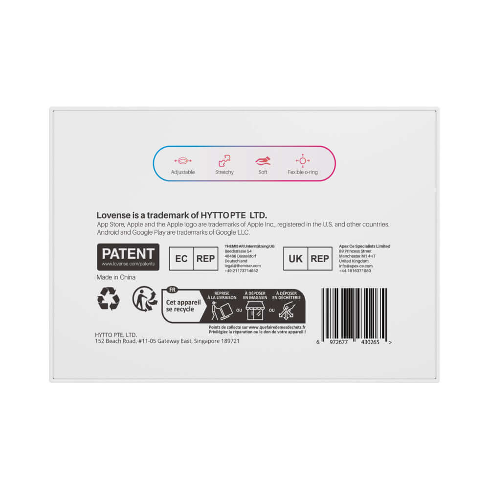 Lovense Strapless Harness for Lapis product packaging showing adjustable, stretchy, soft, and flexible features.