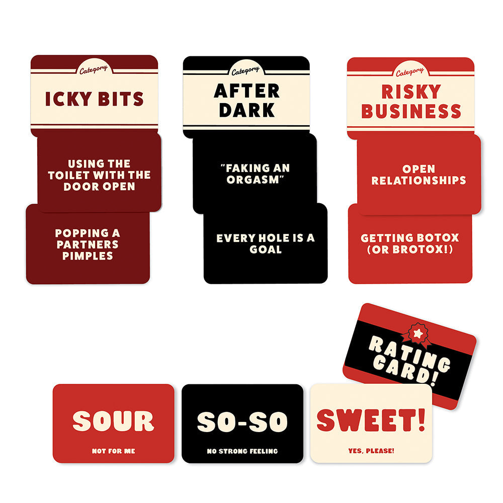 Spicy Pickles The Adults Only Party Game That Will Get People Talking card prompts and rating cards.