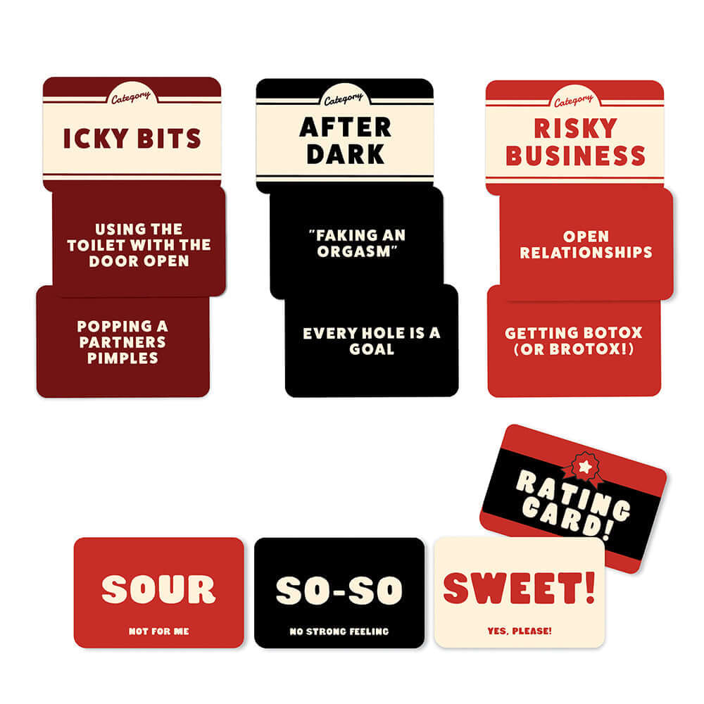 Spicy Pickles The Adults Only Party Game That Will Get People Talking card prompts and rating cards.
