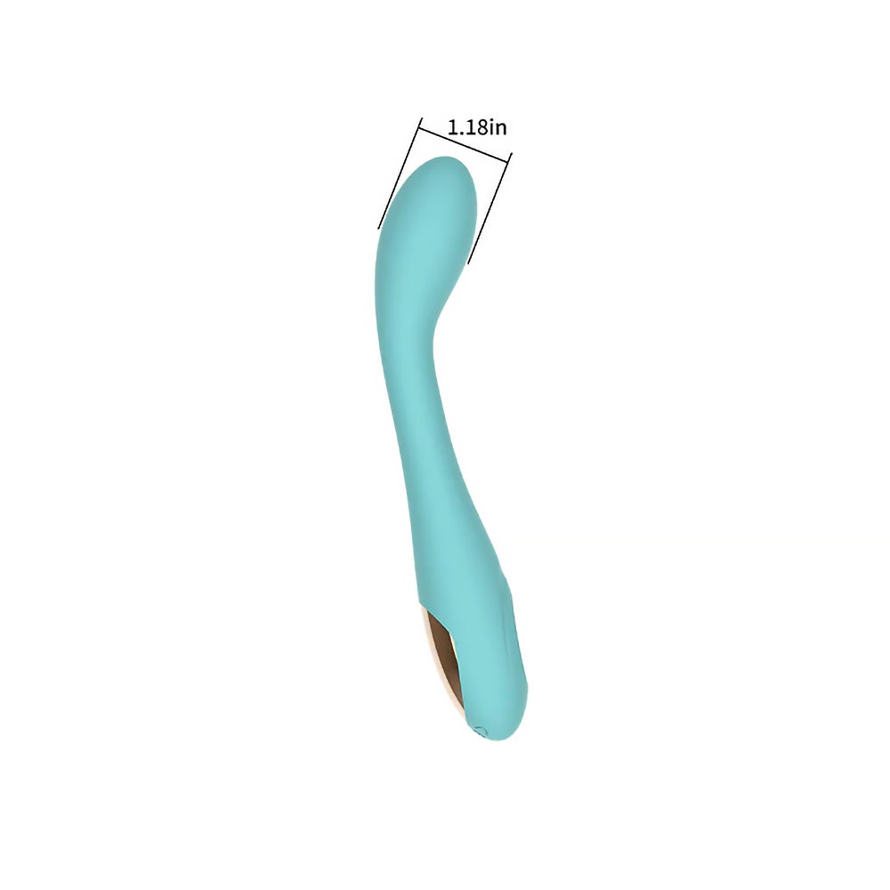 Spectrum Essentials Silicone G-spot Vibrator Blue showing dimensions and curved design.