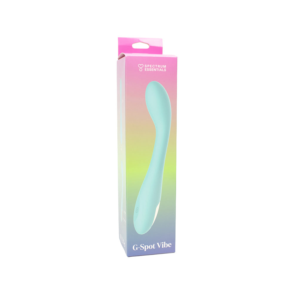 Spectrum Essentials Silicone G-spot Vibrator Blue packaging with gradient design and product name.
