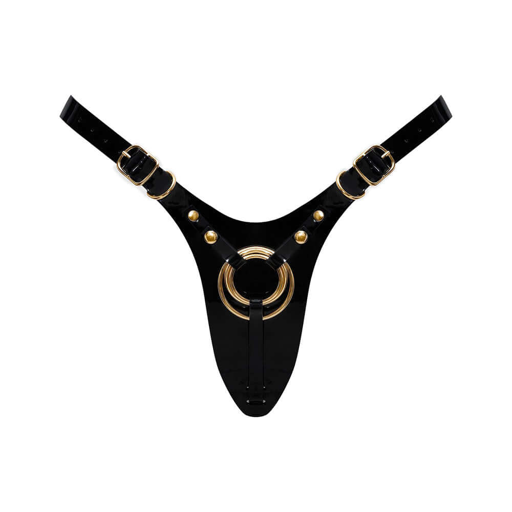 Strap On Me Leatherette Harness Fabulous One Size Black Glossy with gold ring detail and adjustable straps.
